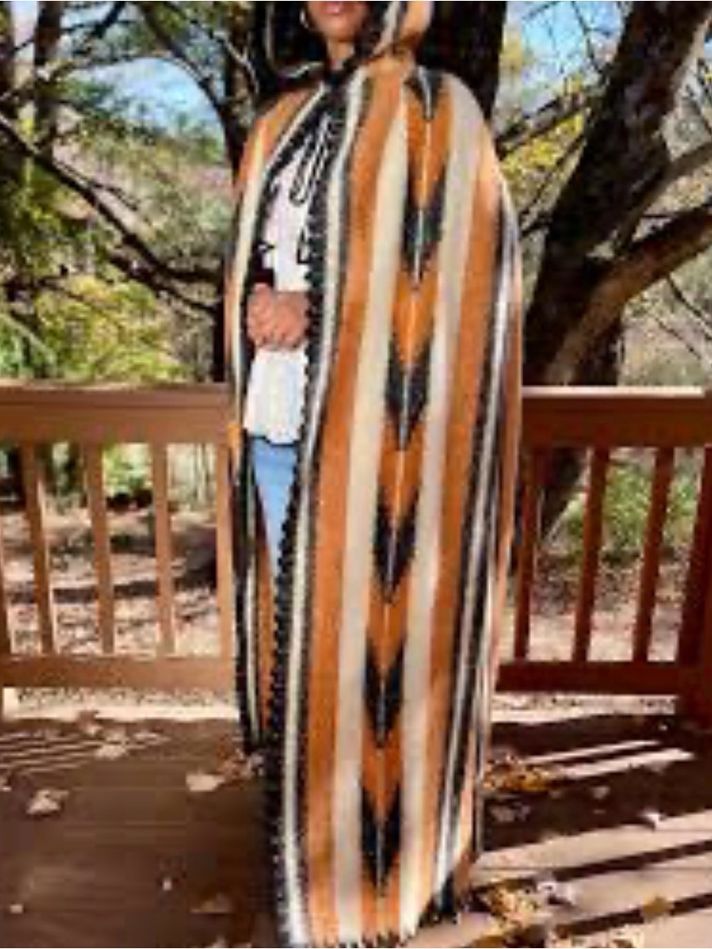 Woven Poncho with Knit Trim - Mustard, Cream & Black